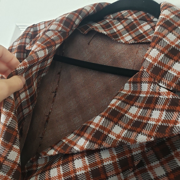 1970s M/L Vintage Dark Brown Burnt Orange Cream Autumn Fall Rust Plaid Peacoat - Picture 3 of 6